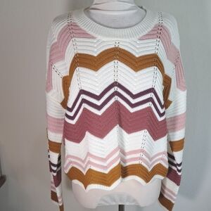 Full Circle Trends Chevron Pointelle Knit Sweater Pink/White XL Pullover Cropped